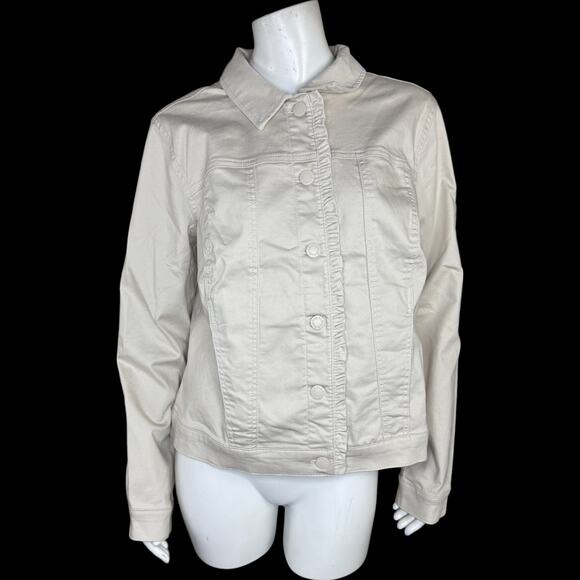 Belle by Kim Gravel Stretch Denim Femme Flutter Ruffle Jacket Sand Bar Medium - Picture 1 of 14